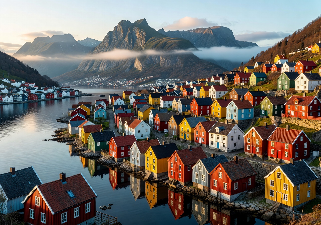Byparken city park in Bergen center with scenic lake Lille Lungegårdsvannet and mountain backdrop