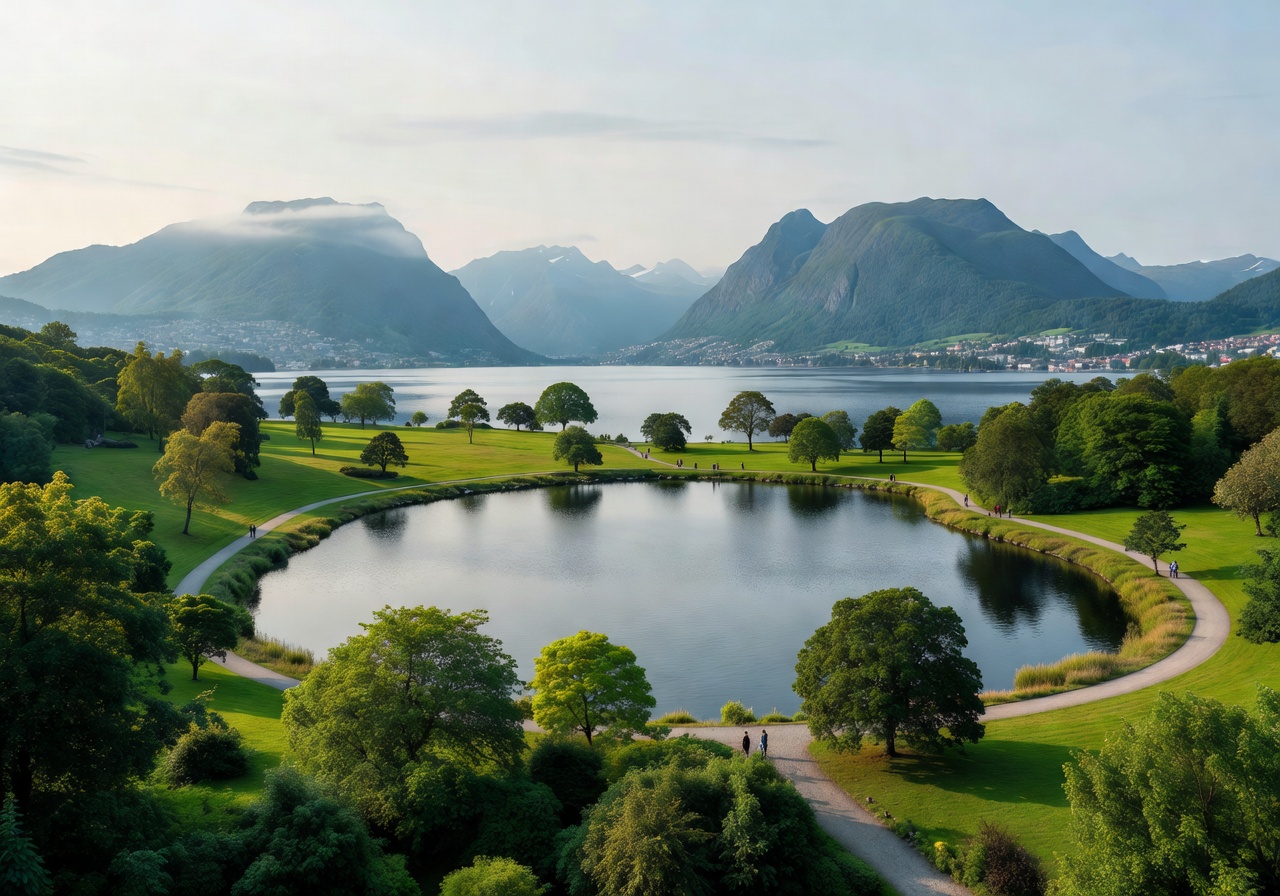 Panoramic Norwegian landscape with green rolling hills and distant fjords