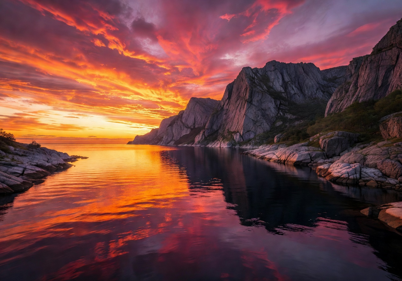 Dramatic sunset over Norwegian coastline with colorful sky reflections on water