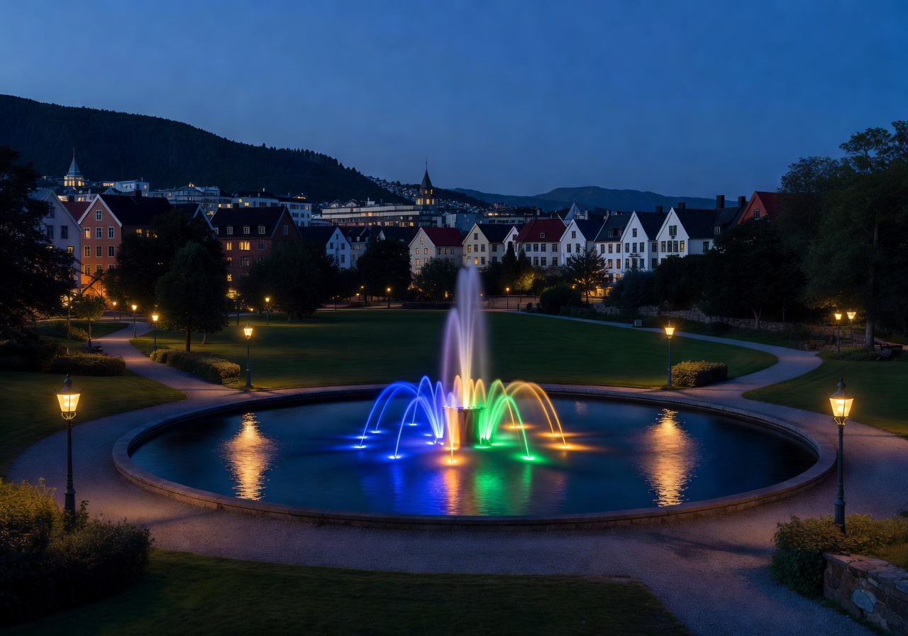 Evening light illuminating sculptures at Vigeland Park Oslo