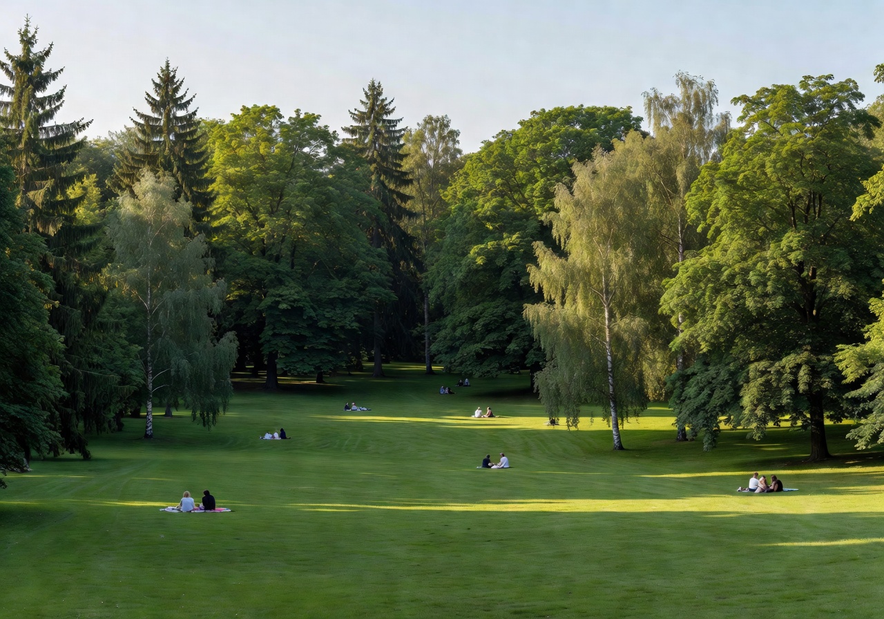 Frogner Park expansive green lawns and tree canopy in Oslo during summer
