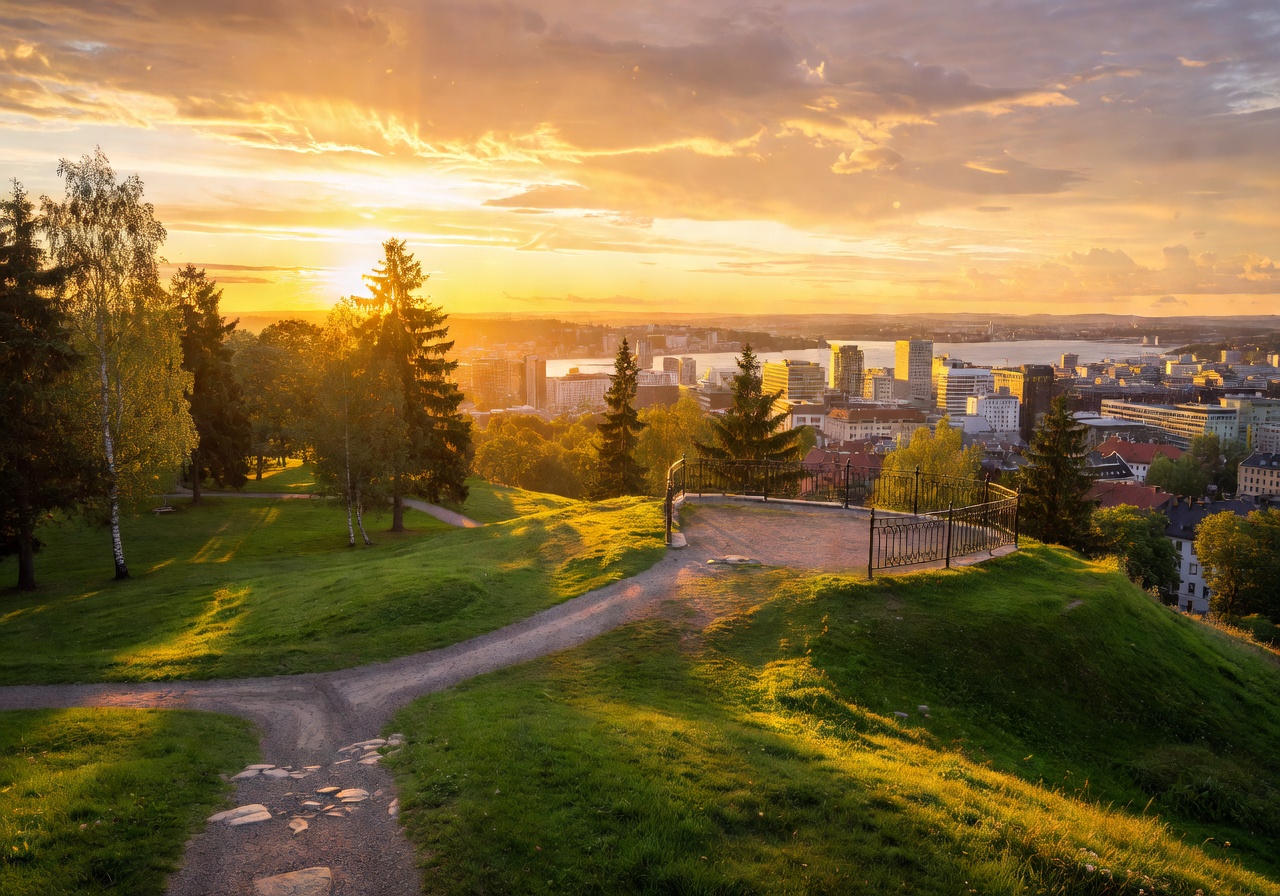 Golden sunset view from St. Hanshaugen Park hilltop