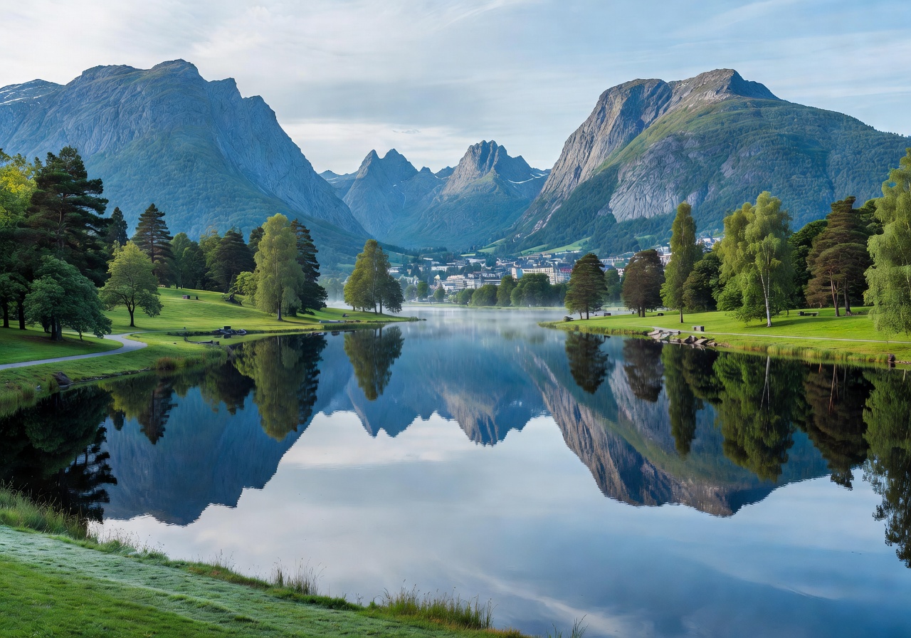 Lake Lille Lungegårdsvannet reflecting mountains at Byparken Bergen