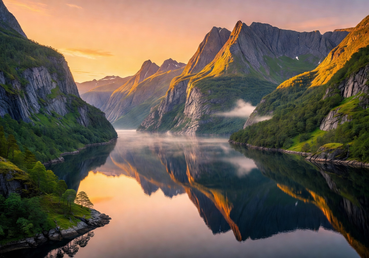 Majestic Norwegian fjord landscape with mountains and calm waters at golden hour