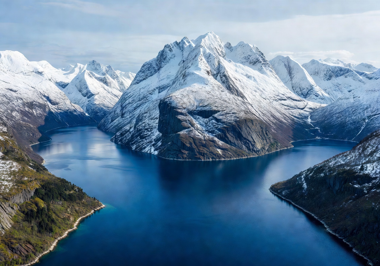 Majestic Norwegian fjord panorama with snow-capped mountains and deep blue water