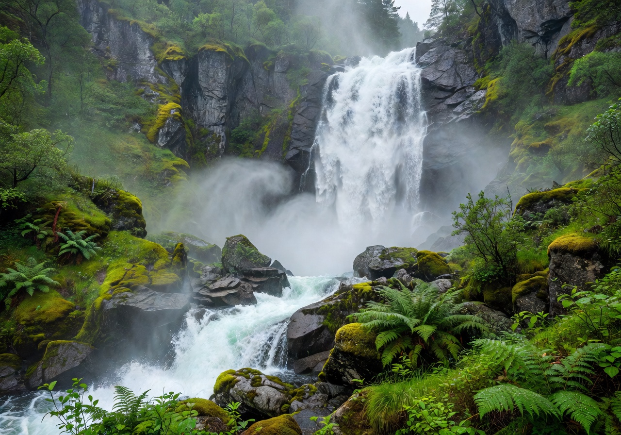 Norwegian nature landscape with vibrant green valleys, waterfalls and misty mountains