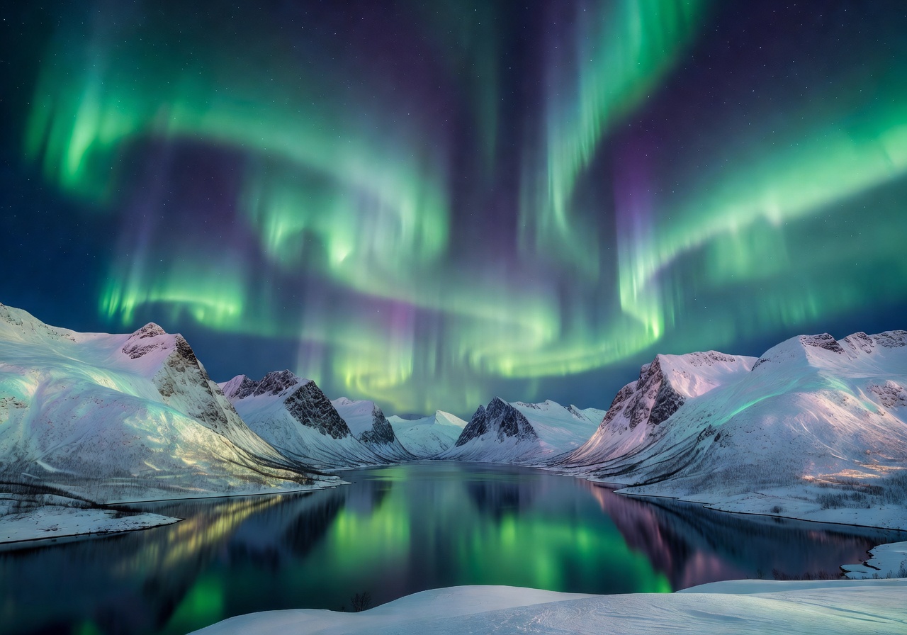 Northern lights aurora borealis dancing over Norwegian mountain landscape