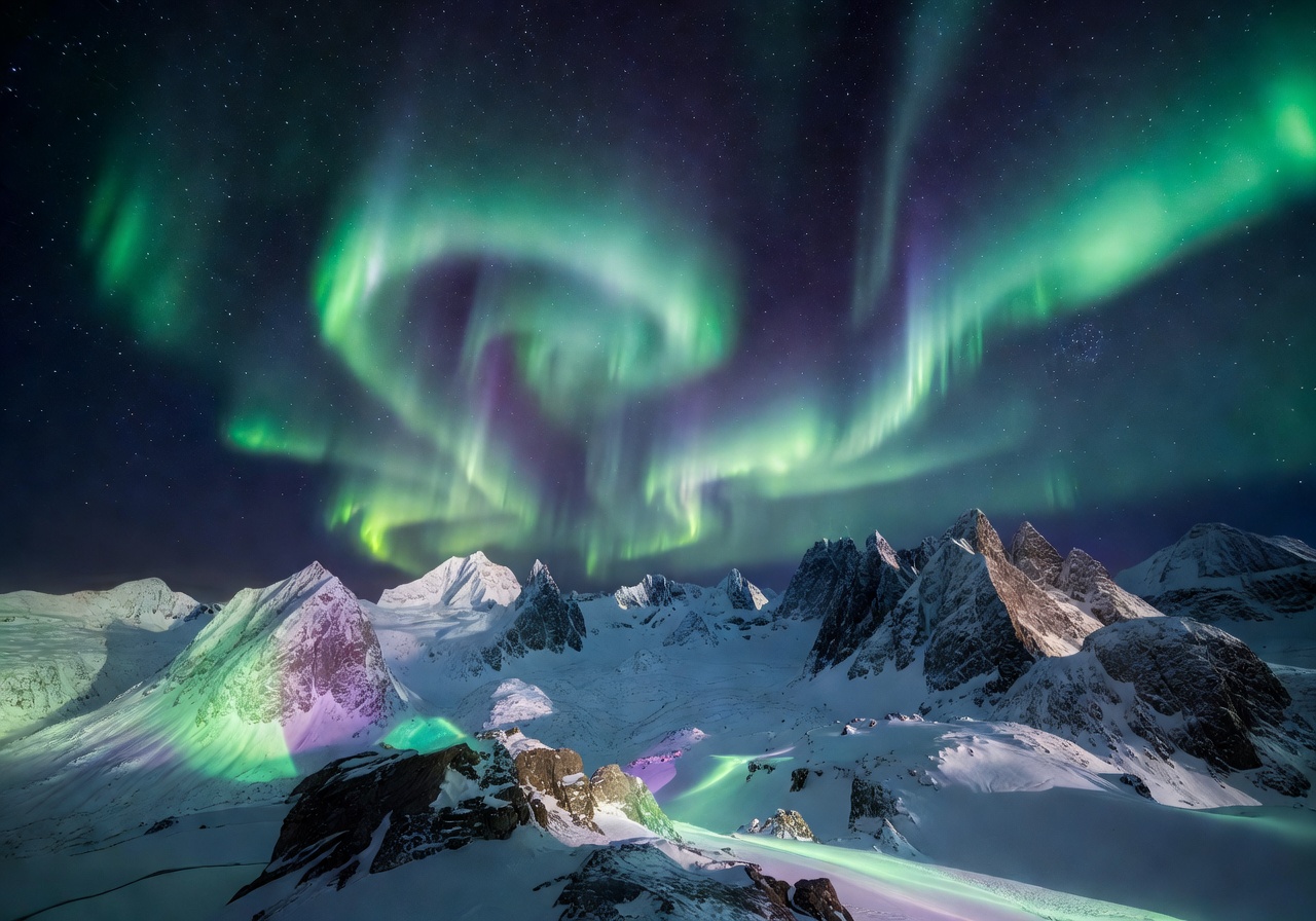 Northern lights aurora borealis illuminating the night sky over Norwegian mountains