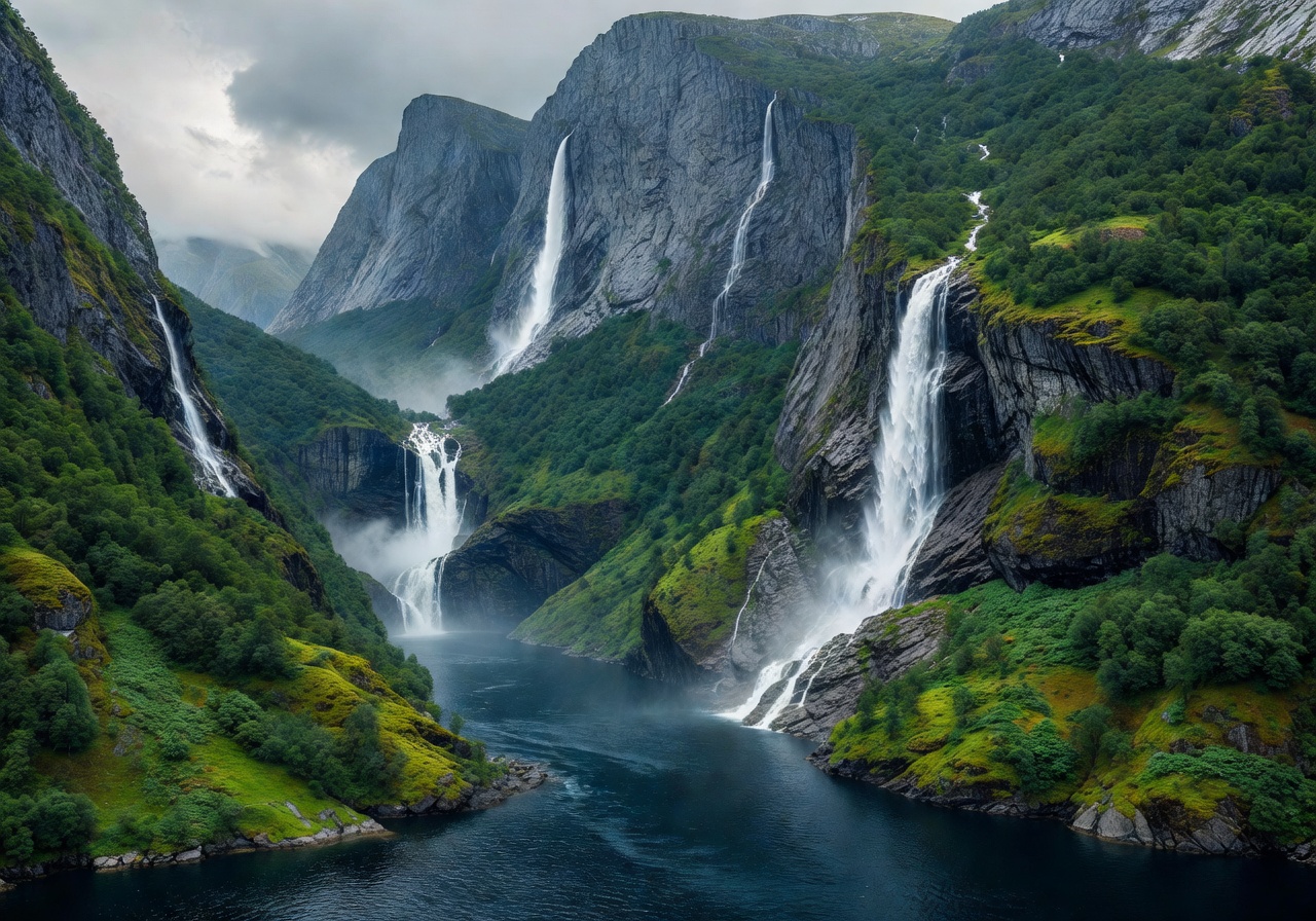 Norwegian fjord valley with cascading waterfalls and lush green slopes