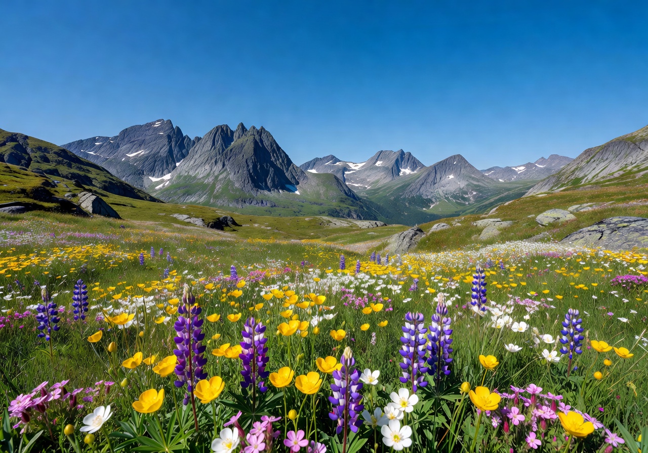 Norwegian mountain landscape in summer with wildflowers and clear skies