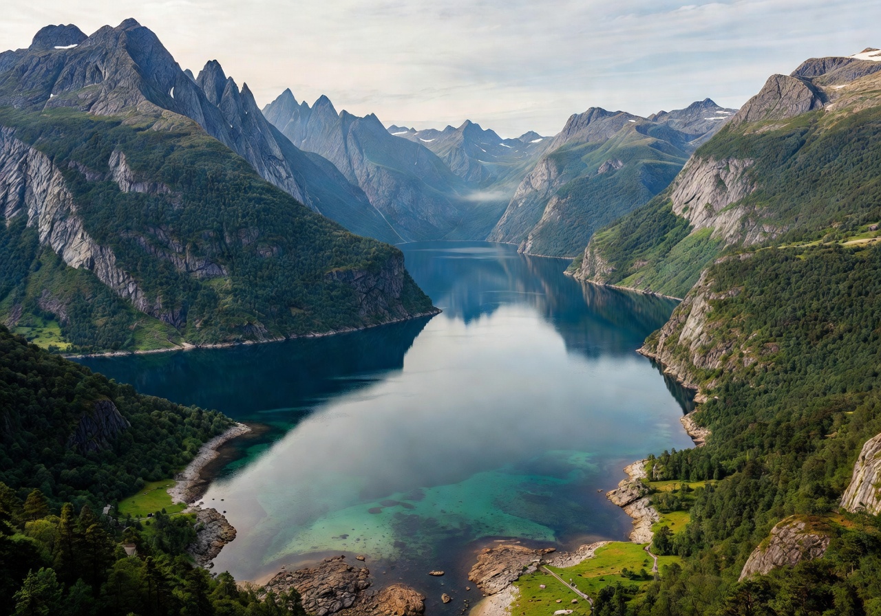 Panoramic view of Norwegian fjord surrounded by steep mountains and crystal-clear water