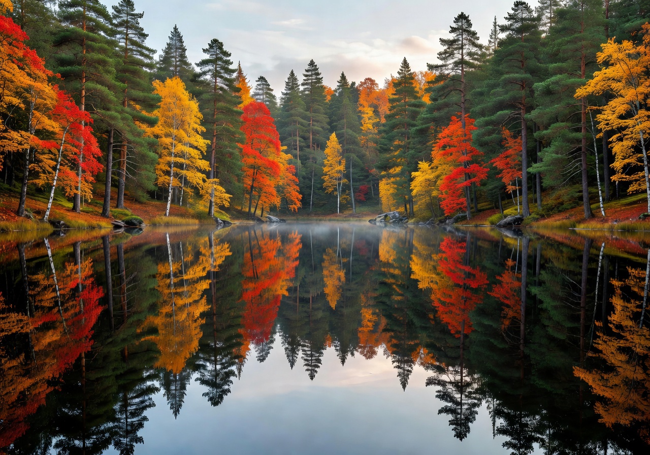 Peaceful Norwegian lake reflecting autumn colors and surrounding pine forest