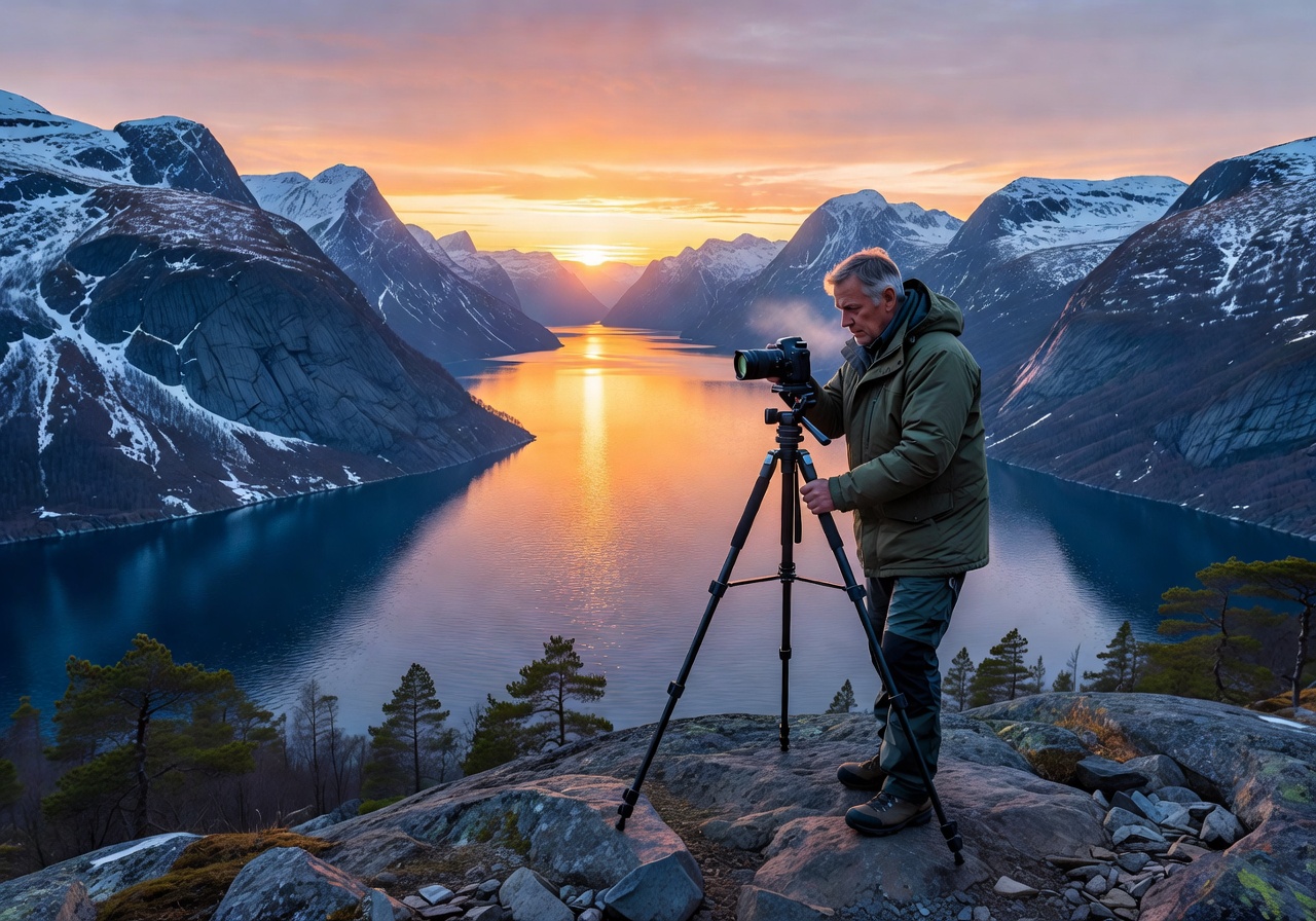 Vibrant sunset painting the Norwegian coastal sky in shades of orange and purple