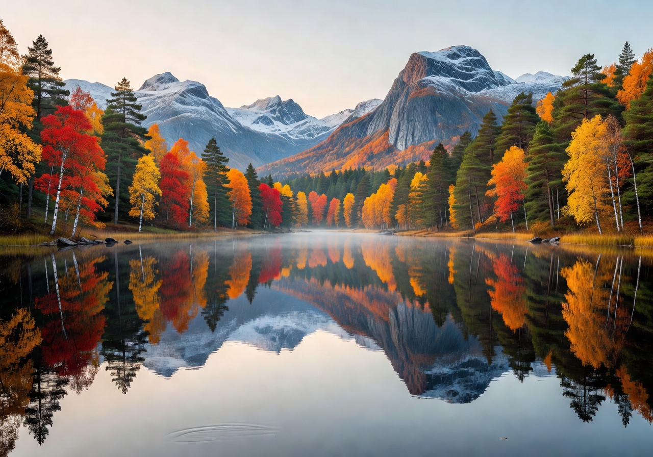 Serene Norwegian lake surrounded by autumn forest and mountain reflections