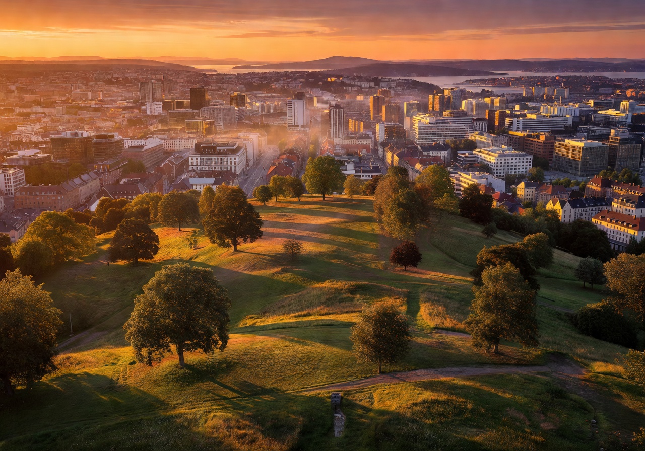St. Hanshaugen Park elevated hilltop overlooking Oslo city at sunset with warm golden light