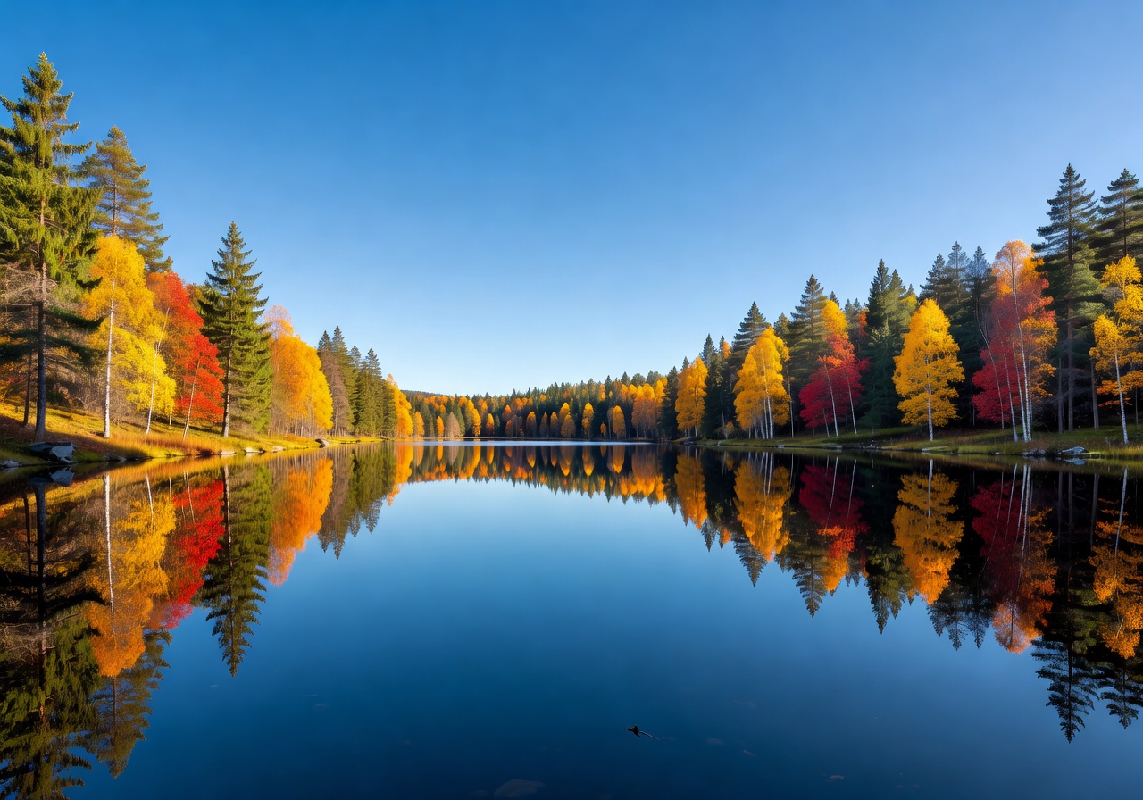 Still Norwegian lake reflecting autumnal trees and clear blue sky