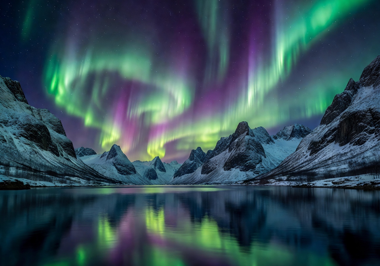 Stunning Norwegian northern lights over mountain peaks and calm fjord waters