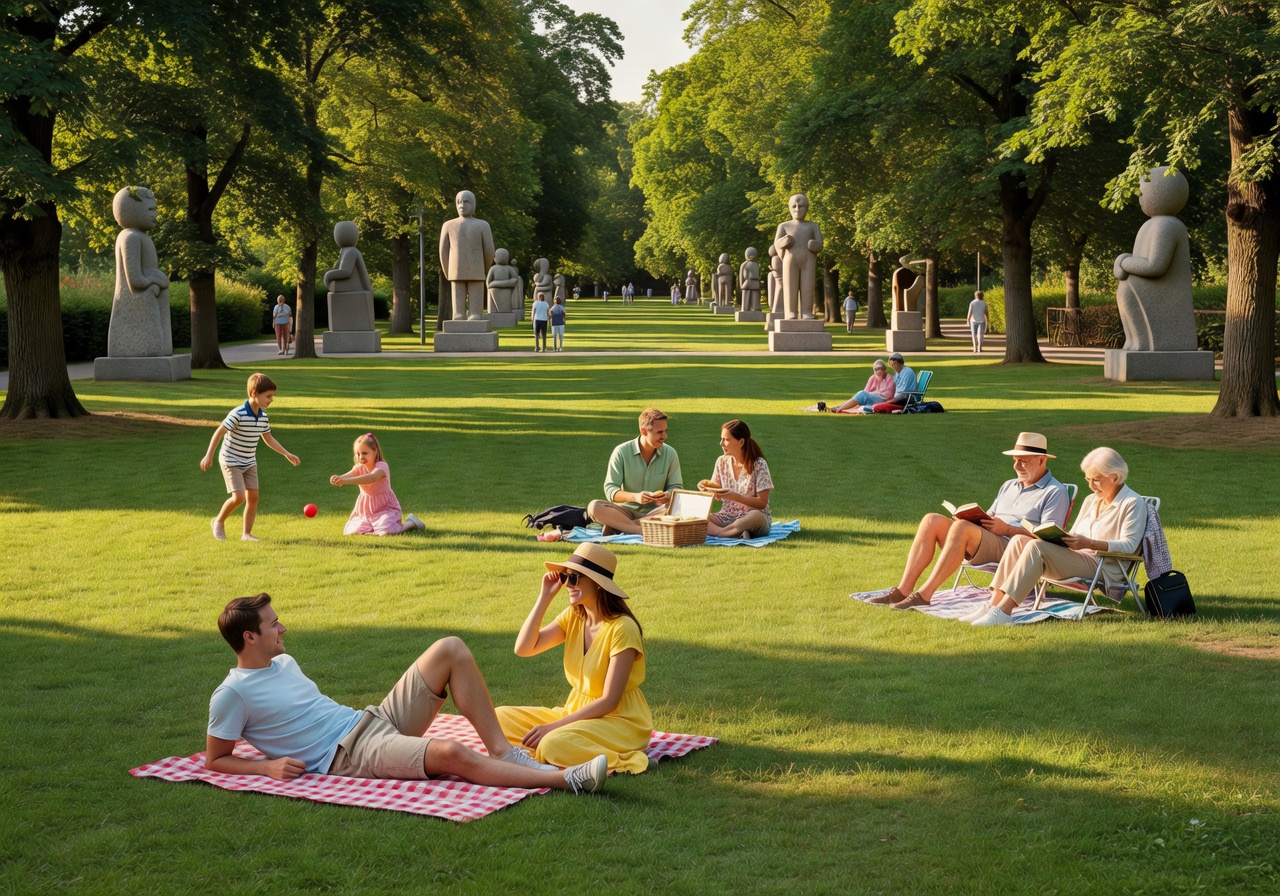 Summer day at Frogner Park with families relaxing on green lawns