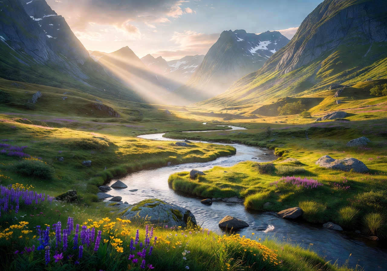 Sunbeams illuminating a Norwegian mountain valley with green meadows and winding river