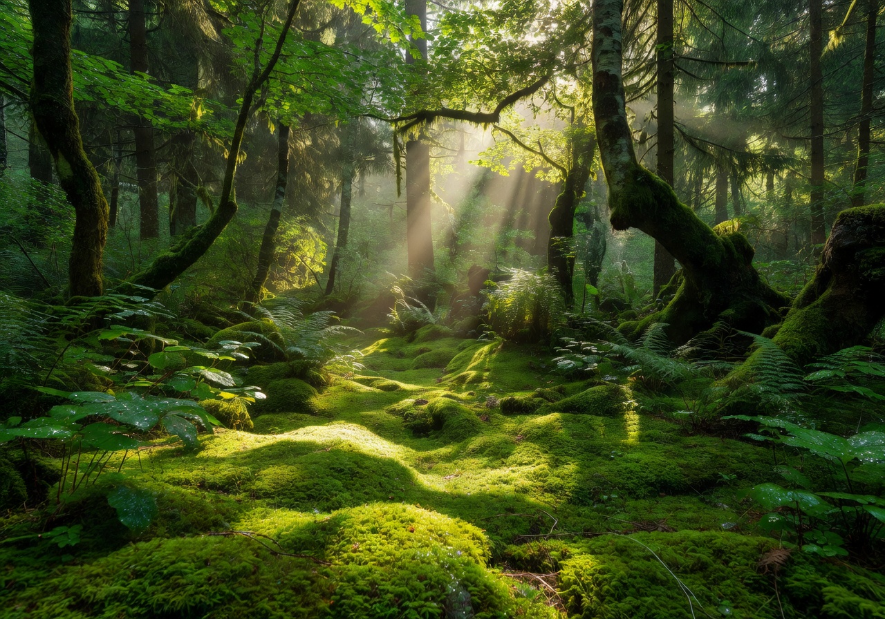 Sunlight streaming through lush green Norwegian forest with moss-covered ground
