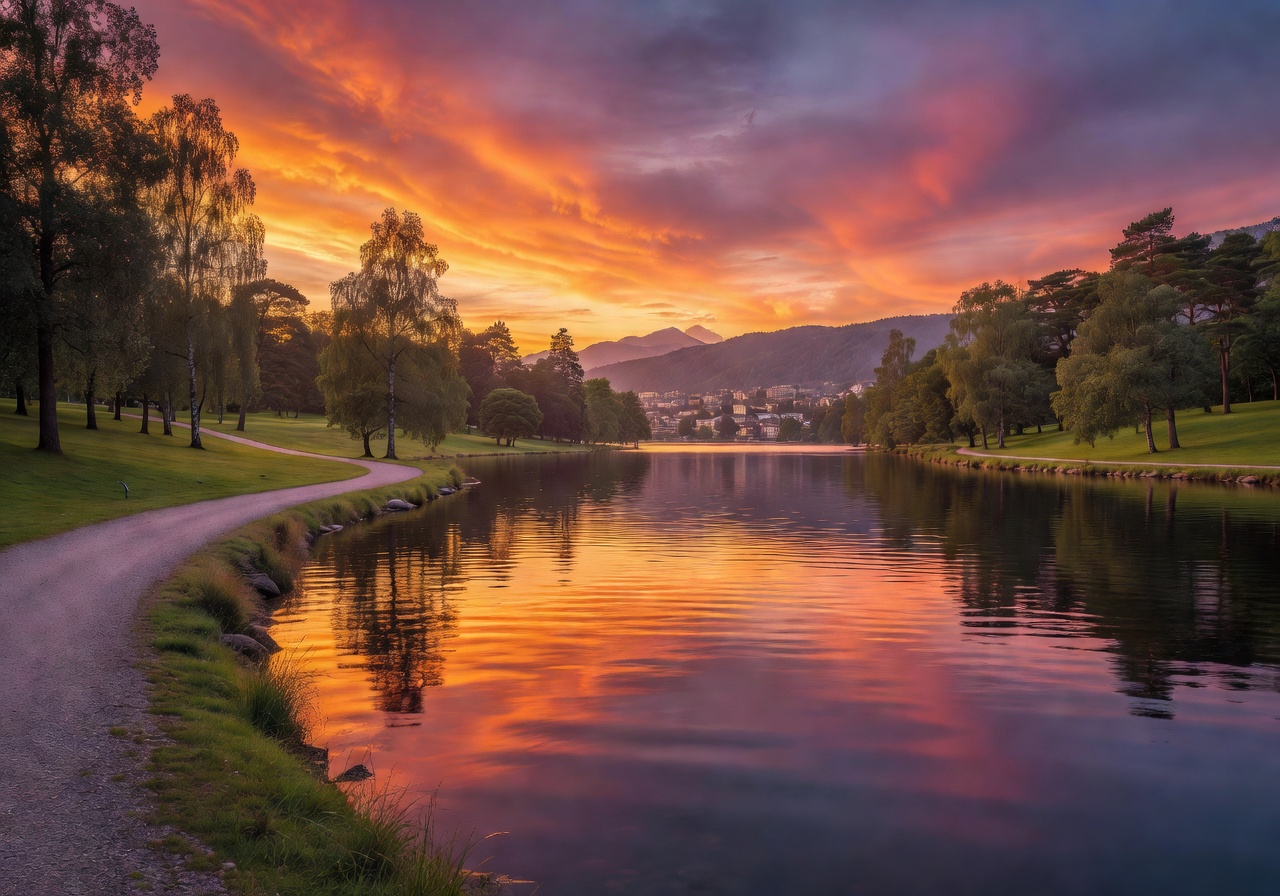 Golden hour sunlight filtering through Frogner Park trees