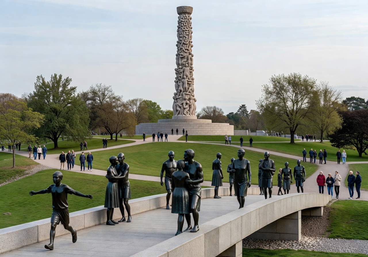 Vigeland Sculpture Park panoramic view showing the famous Monolith sculpture and bridge with bronze figures in Oslo
