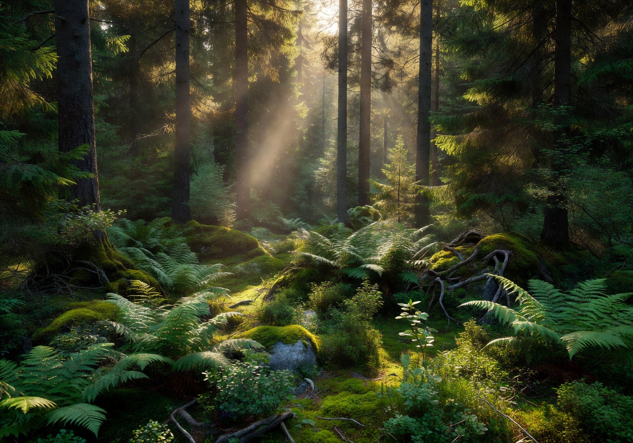 Warm sunlight filtering through dense Norwegian forest with green undergrowth