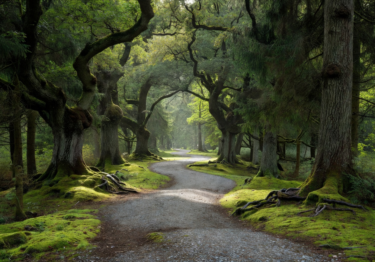 Winding pathway through mature trees at Nygårdsparken Bergen